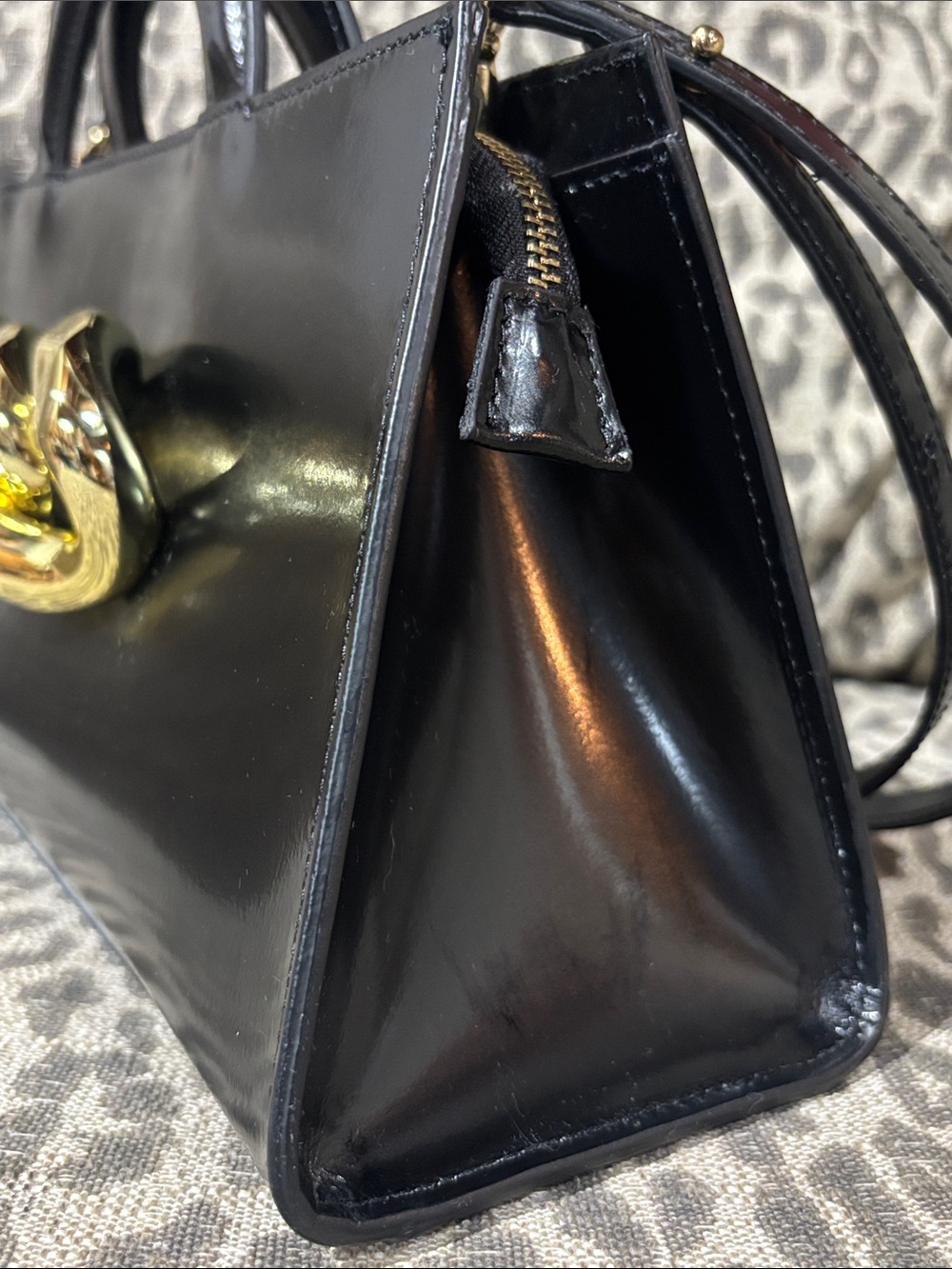 Claudia Firenze purse black leather top handle shoulder bag dramatic chain front - Picture 4 of 16